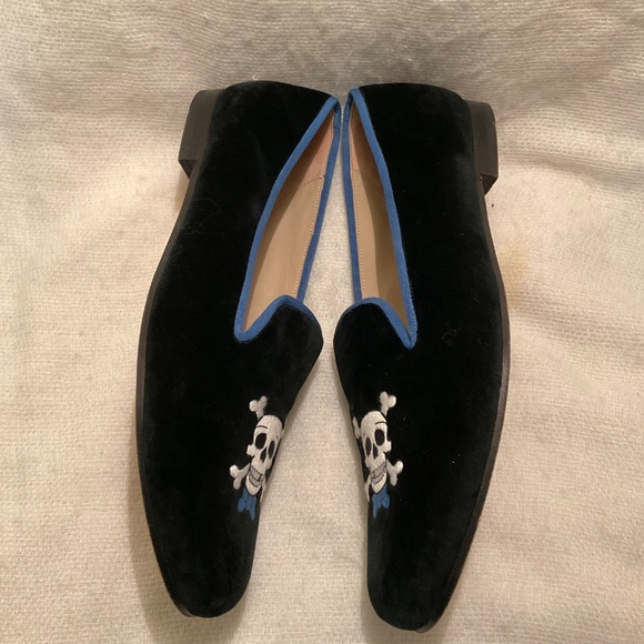 Stubbs & Wootton Skull Blue Bow Tie Black Velvet Loafer Slipper Mens Shoes Sz 13 - Picture 6 of 12
